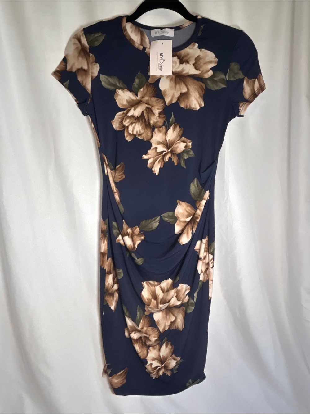 My Bump Maternity Floral Ruched Dress Size Small Navy Blue Short Sleeve NWT - Picture 5 of 10